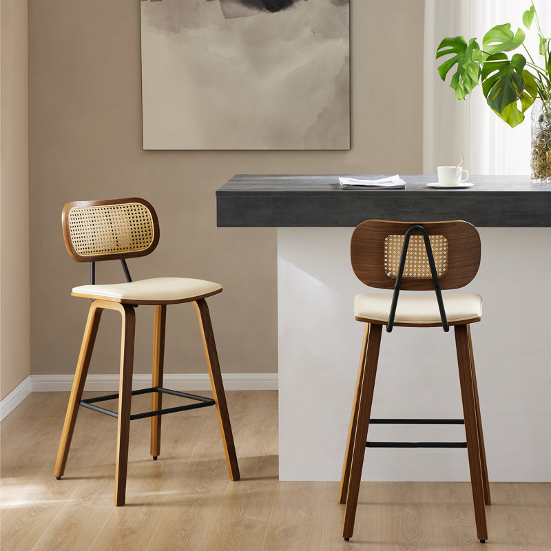 Upholstered Rattan Counter & Bar Stool, 3, Counter Stool (27.17"" Seat Height)", White Boucle