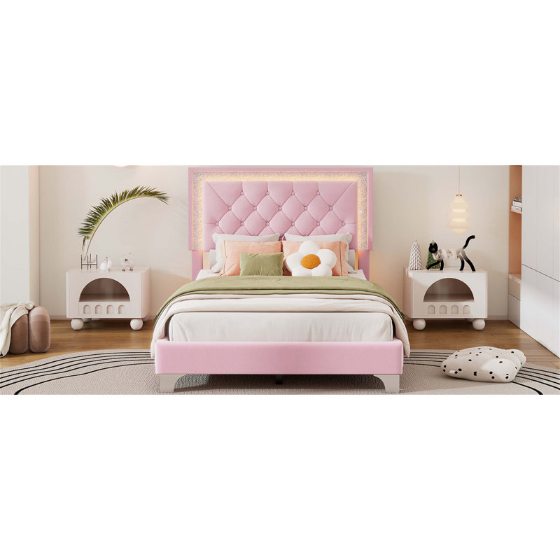 Upholstered Bed Frame with LED Lights, Modern Velvet Platform Bed Featuring Tufted Headboard for Ultimate Comfort, Twin, Pink