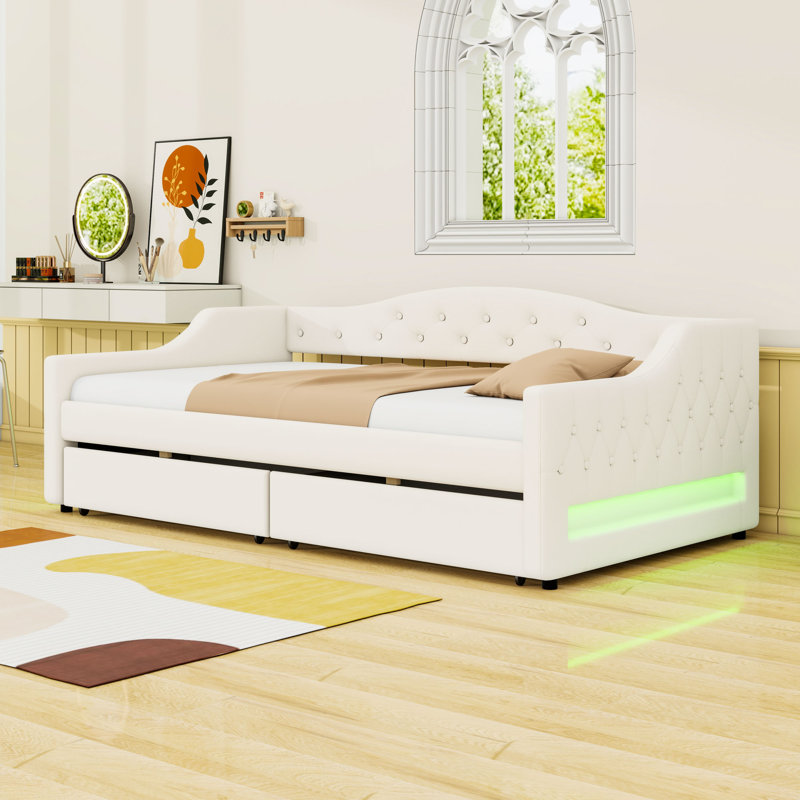 Lit de jour simple TG revêtu de lin avec éclairage DEL et deux tiroirs de rangement, Beige, Simple extra long