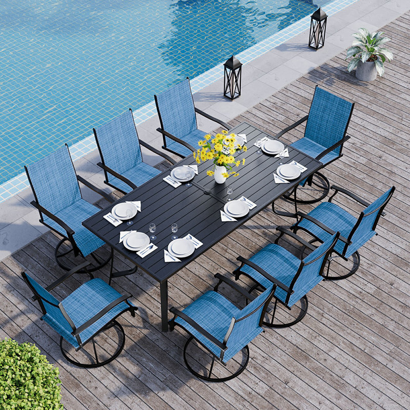 9 Piece Patio Dining Set, Outdoor Dining Table And Chairs Set For 8, 8 Swivel Chairs, 1 Iron Rectangular Table With Adjustable Umbrella Hole, Patio Furniture Set For Deck, Backyard, Lawn, Poolside, Brown/gray/blue