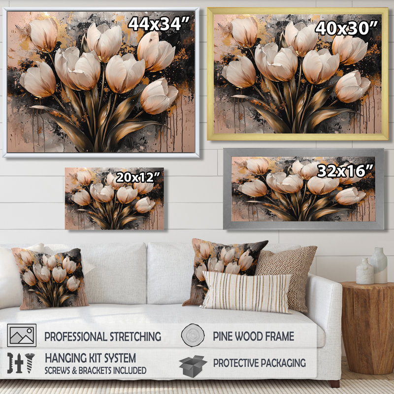 Tulipes or rose matinales I - Tulipes, art mural de salon, Argent argent, H 12 po x l 20 po, Picture Framed