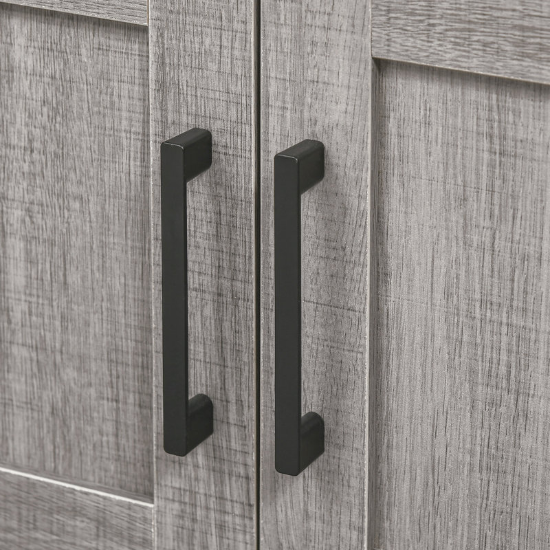 Armoire de rangement grise avec 2 portes et 2 tablettes ouvertes