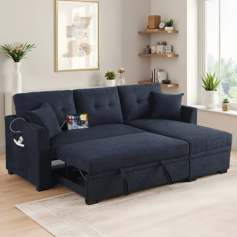 Canapé-lit modulaire convertible de 81 pi 5 po avec lit escamotable avec port USB et poches latérales, Chenille bleue