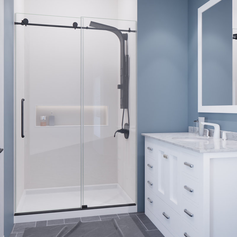 Madam Series 48 In. By 76 In. Frameless Sliding Shower Door In Gunmetal With Clear Tempered Glass And Tsunami Guard, Black