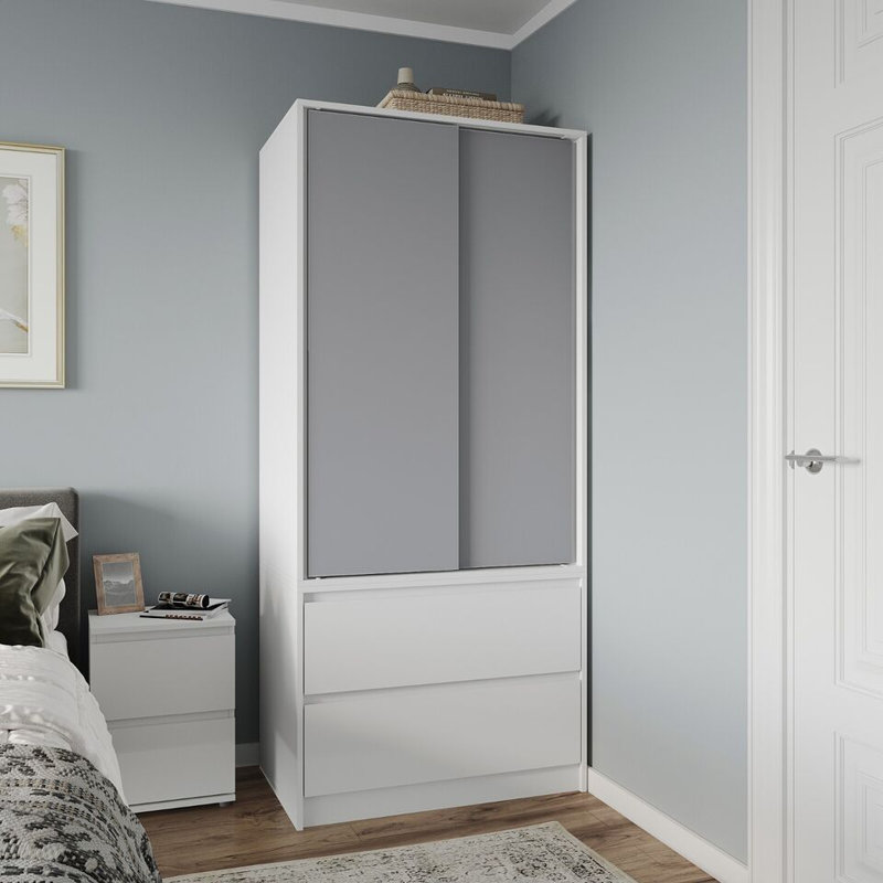 Solid Wood Wardrobe, White/Grey