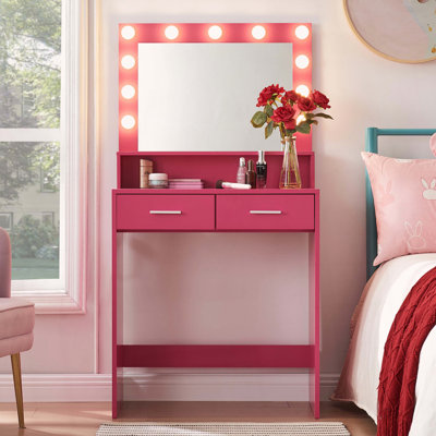 Vanity Desk with 11-Bulb Mirror and Two Drawers