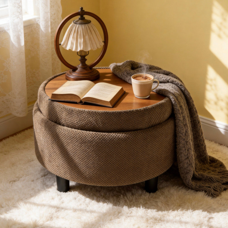 25Inch Round Storage Ottoman with Tray, Coffee