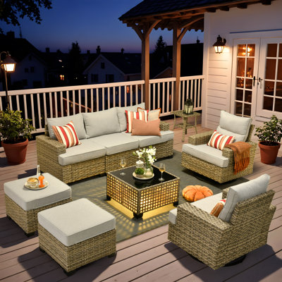 Outdoor Rattan Woven Sofa With Luminous End Table And Swivel Chair by XIZZI