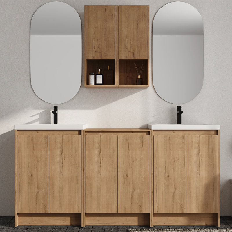 Meuble-lavabo double autoportant 72 po avec plateau de meuble-lavabo en résine et rangement mural 12 po Vowar, 72" W