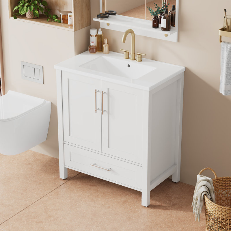 Meuble-lavabo autoportant de 24 po avec lavabo, armoire en bois naturel avec portes à fermeture en douceur et tiroir de rangement pour les salles de bain modernes
