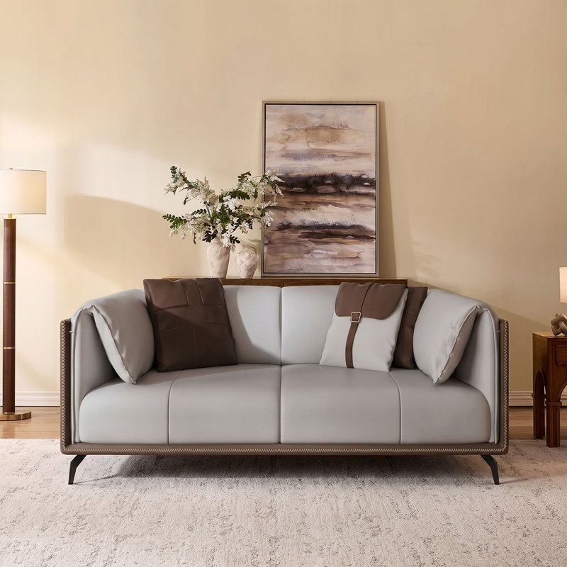 Elegant Solid Wood Frame Leather Sofa With 4 Unique Accent Pillows, 2