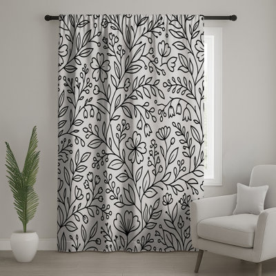 Rideaux de fenêtre à motif floral noir et blanc, voilages et voilages à motif floral - 1 panneau