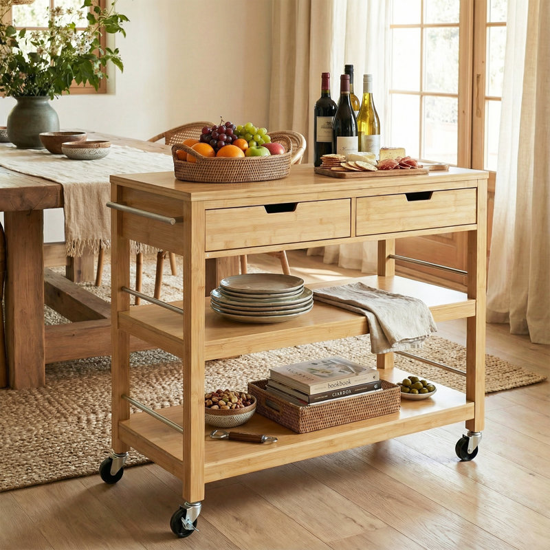 Chariot-bar moderne en bambou naturel avec roulettes verrouillables Hawthorne