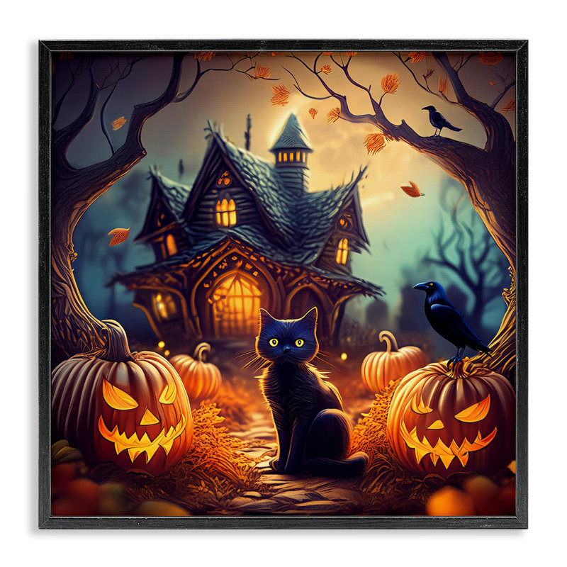  «Haunted House & Cat», art de la giclée encadrée par Alina Georgescu, H 24 po x l 24 po, Giclée encadrée noir minuit