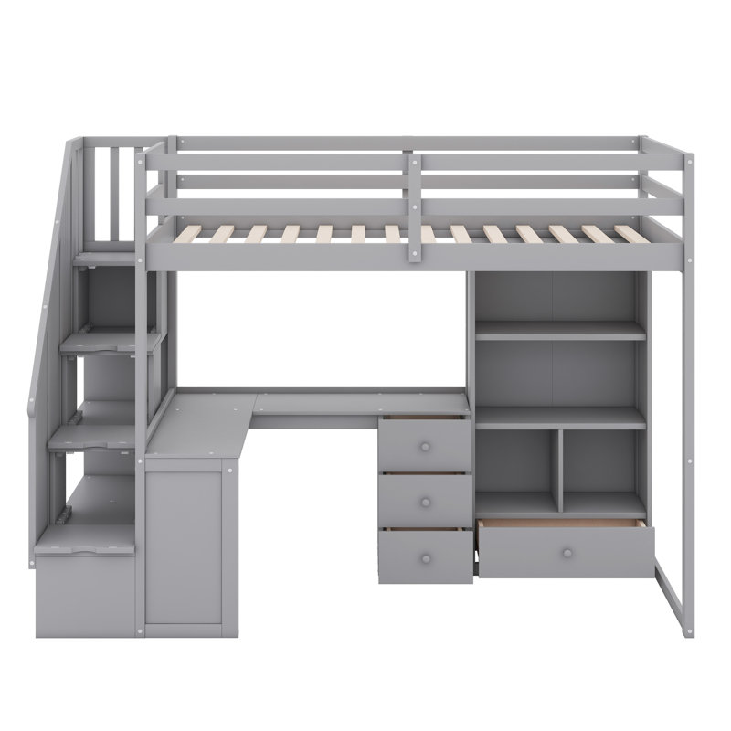 Lit mezzanine avec bureau en L et tiroirs, armoire et escalier de rangement, Gris