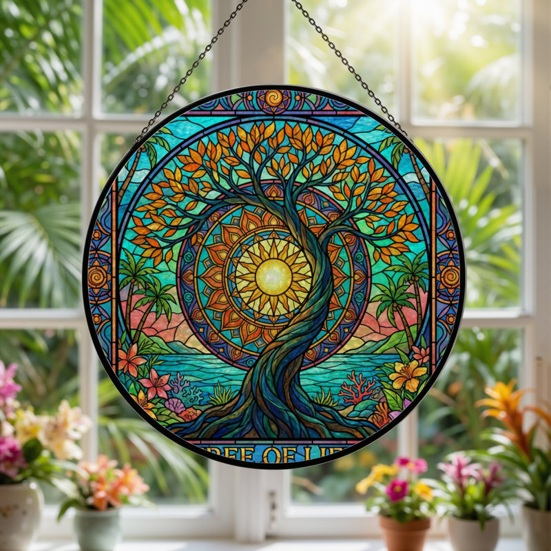 Panneau de vitrail en verre coloré H 7,8 po
