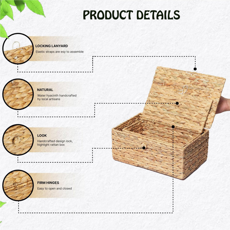 Set of 2 Natural Rattan Rectangular Storage Baskets with Lids