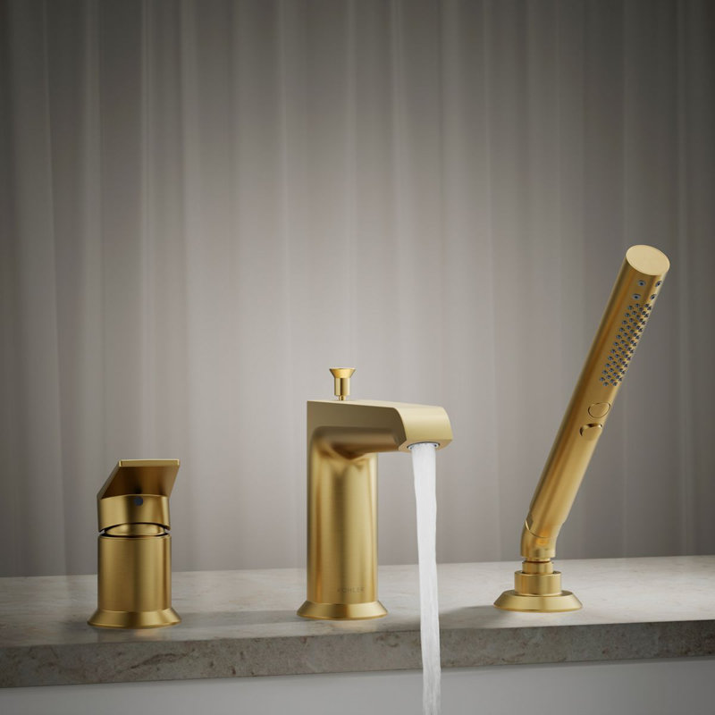Hint Single-Handle Deck-Mount Bath Faucet With Handshower, Vibrant Brushed Moderne Brass