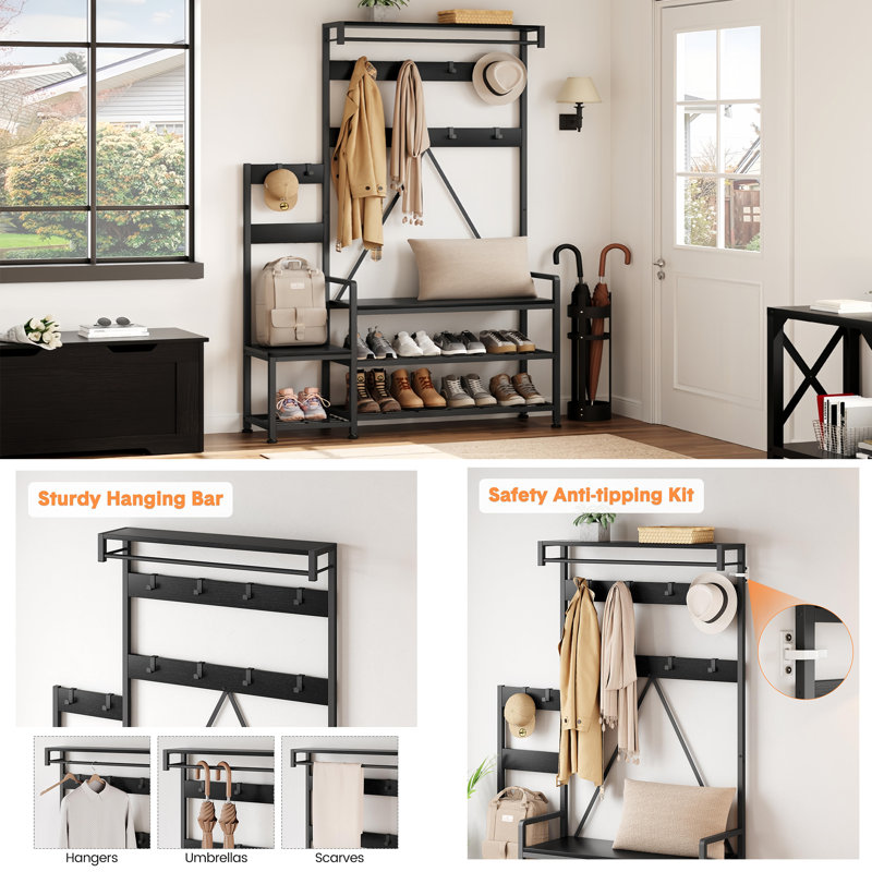 Parent-Child Industrial Hall Tree: Coat Rack Shoe Bench with Storage Cubbies, Hooks & Top Shelf, Black
