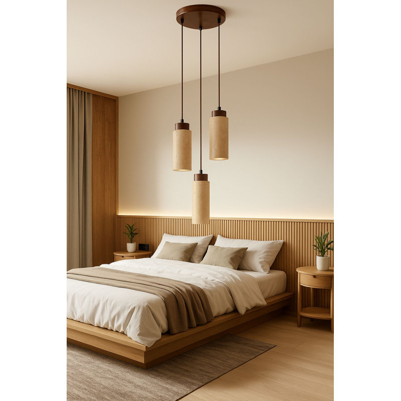 Elegant Adjustable Chandelier, Wood Veneer & Metal Body, Beige/Walnut Finish, 9.8 x 7.1 inches | Cap Size: Ø2.6 x 7.1 inches | Total Height: 9.1 - 60.2 inches | 3 x GU10 Max 10W Socket (Bulb Not Included), Stylish Lighting for Home Decor