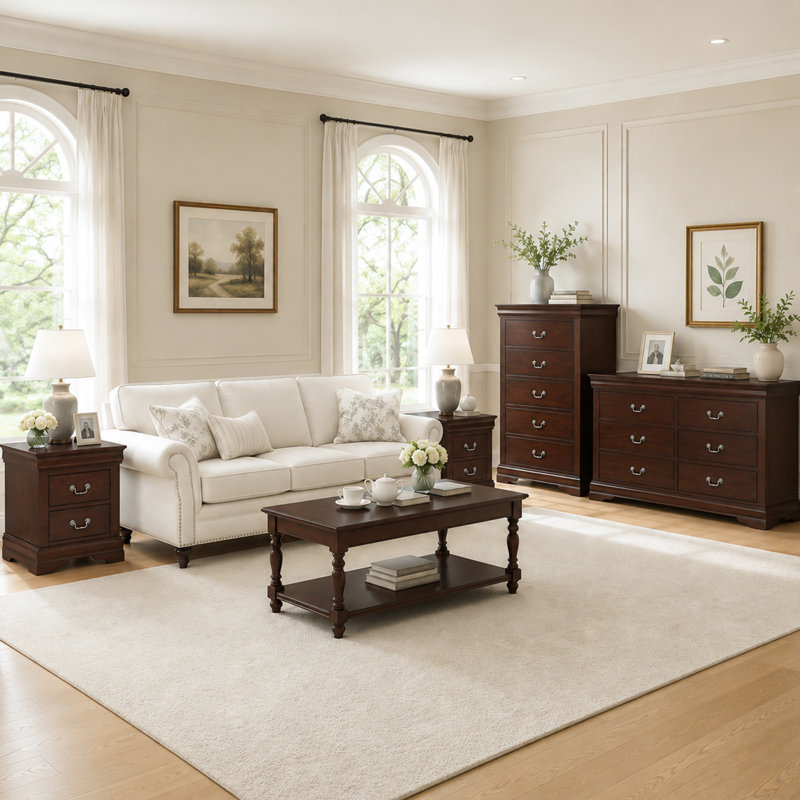 Ensemble de rangement pour chambre à coucher de style transitionnel, comprenant 2 tables de chevet, 1 commode et 1 chiffonnier, construction en bois massif, tiroirs à queue d'aronde, 4 couleurs – cerisier foncé