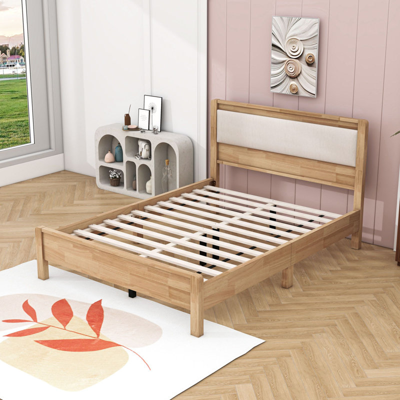 Lit plateforme en bois avec tête de lit tapissier, Grand lit, Natural