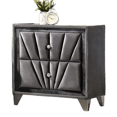 Gray Fabric Nightstand, 2 Drawers, Legs, Fully Upholstered Frame, Crystal - Like , Glass Top, Modern Bedroom Piece Nightstand In Gray, Acrylic Style