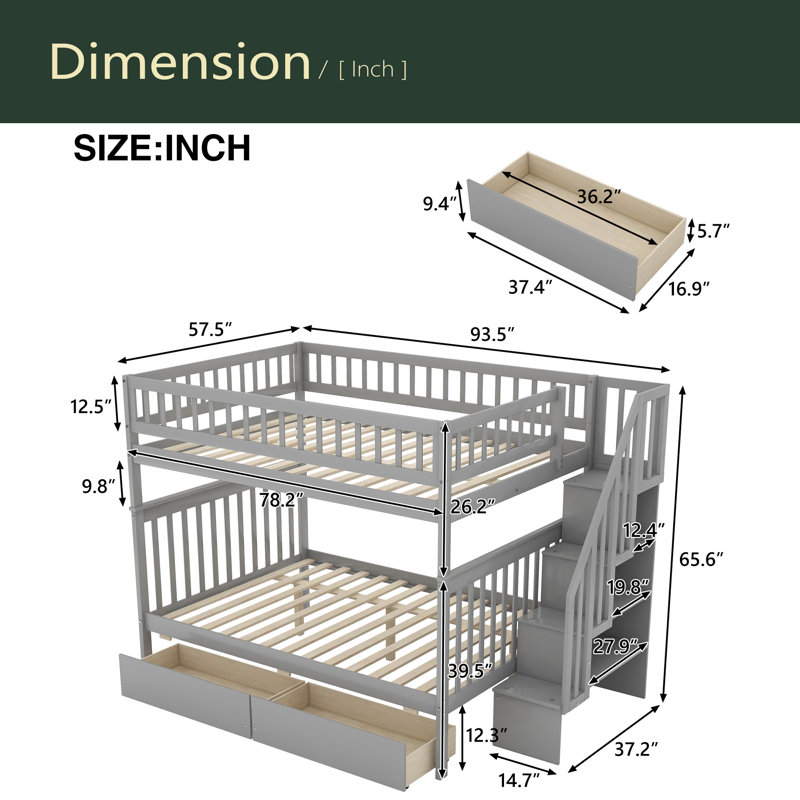Lit superposé double au-dessus de double avec deux tiroirs et rangement, Gris