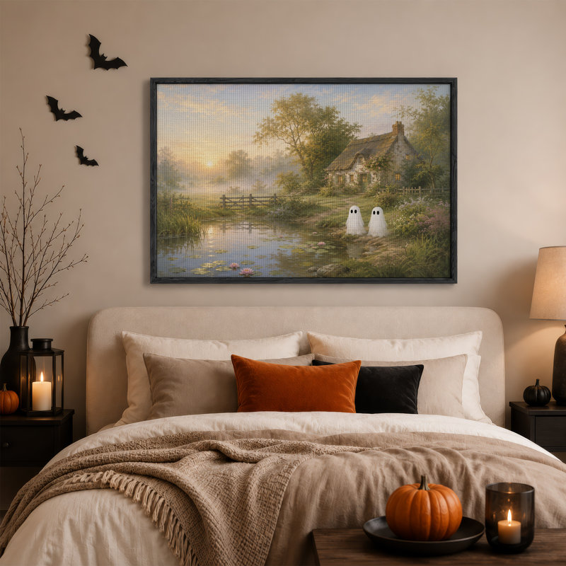 Deux fantômes près d'une chaumière au lever du soleil - Toile murale d'Halloween, H 18 po x l 24 po