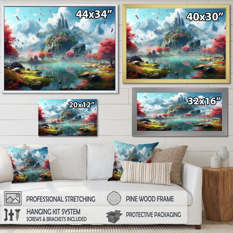Château de conte de fées IV sur toile, H 34 po x l 44 po x P 1,5 po, Cadre simple blanc