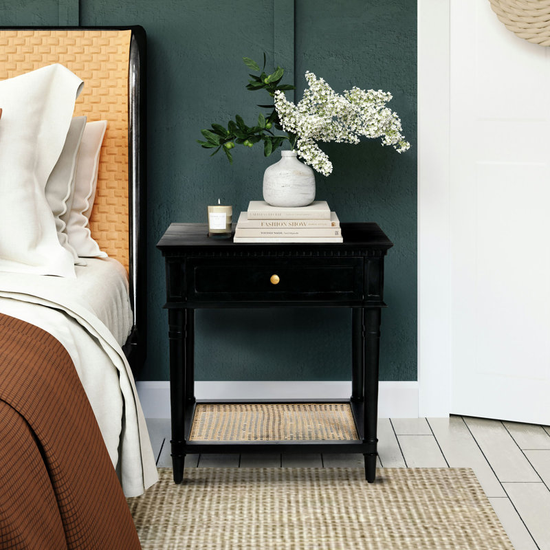 Maxwelton Solid Wood End Table with Drawer and Woven Cane Storage Shelf, Black