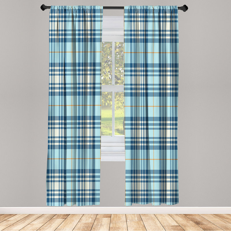  Checkered Curtains, Plaid Tartan English Tile, 56" W x 95" L, Pale Sky