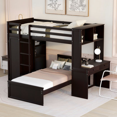 Lit superposé en forme de L avec bureau, bibliothèque et armoire Hasel