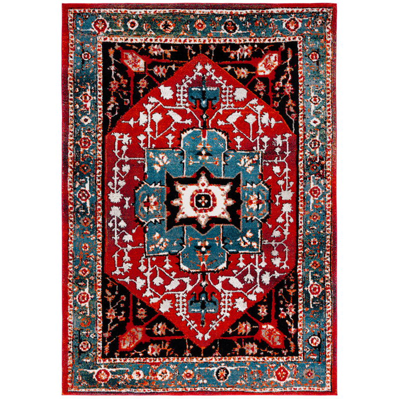 Tapis rétro bleu / rouge Hamadan 259, Rectangle 6 pi 7 po x 9 pi