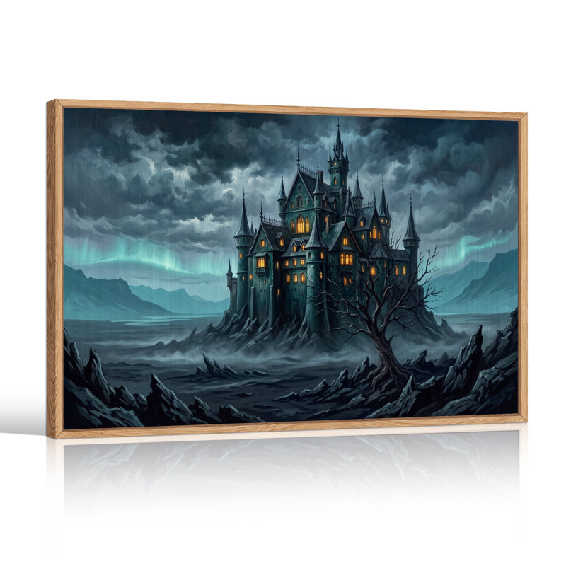 Impression sur toile, château gothique avec fenêtres brillantes sous aurore, H 24 po x l 36 po