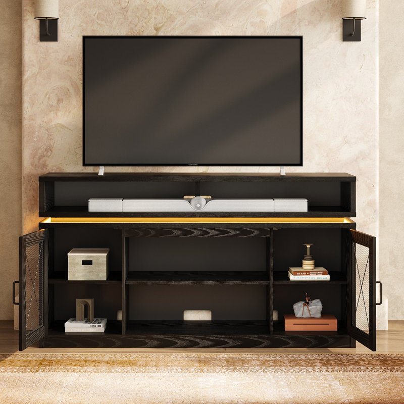 Meuble TV Mercato de style ferme de 150 cm de large, compatible avec les téléviseurs jusqu'à 65 pouces, centre multimédia moderne avec éclairage DEL, buffet en bois avec étagères réglables, console multimédia pour salon et chambre.