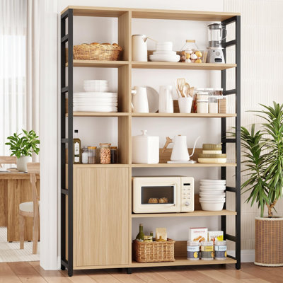Industrial 5-Tier Bookshelf with Storage Cabinet – Adjustable Shelves, Metal Frame, Protective Rails – Office & Living Room Bookcase – Natural Wood + Black Baked Paint