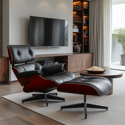 Real Leather Upholstered Accent Chair With Ottoman And Heavy-Duty Aluminum Base