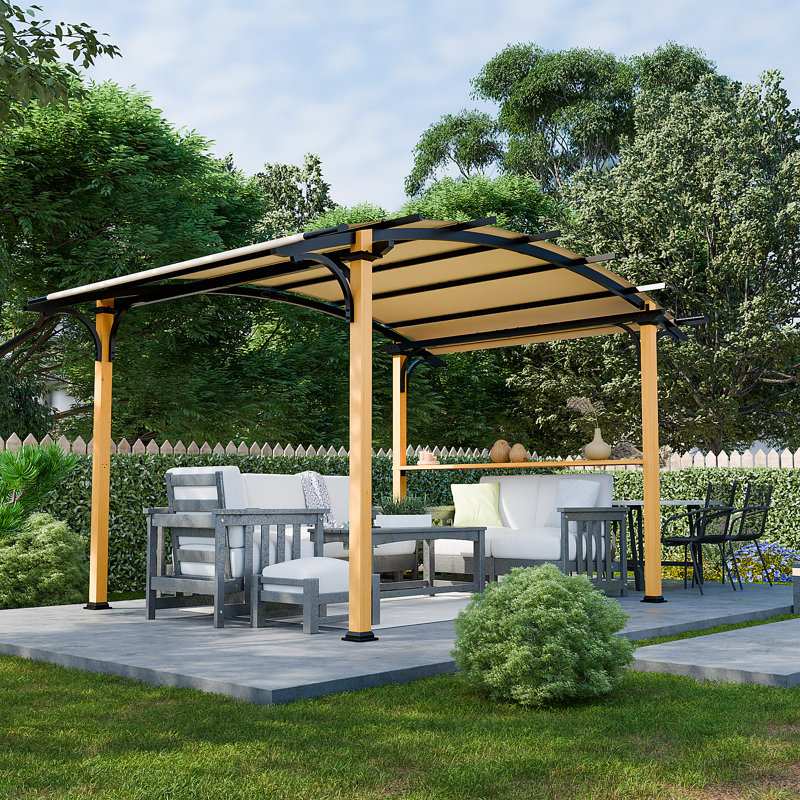 Premium 8.5' X 13' Outdoor Metal Pergola Gazebo With Arched Canopy, Shelves & Bar Top - Natural Wood-look Frame For Patio, Garden, Backyard & Barbecue