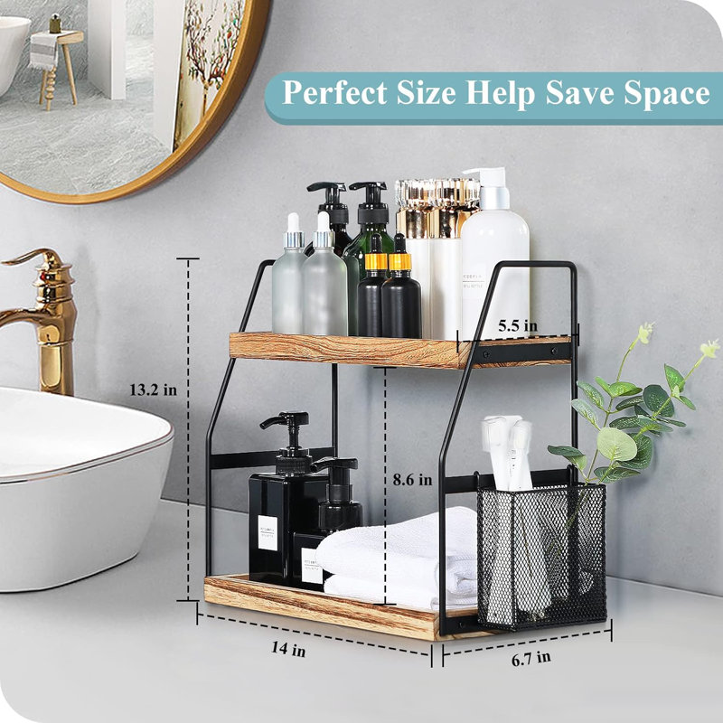 Bathroom Counter Organizer, 2-Tier Standing Storage Shelf With Basket, Wood Tray For Skincare Vanity Organizer