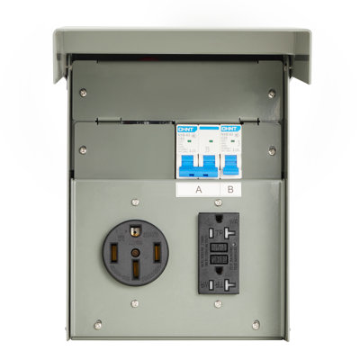 Panneau de prise de courant temporaire, 20 50 ampères, panneau de prise de courant électrique RV avec prise NEMA 50 ampères GFCI 20 ampères, boîte IP54 pré-câblée pré-câblée, pour camping-car de voyage