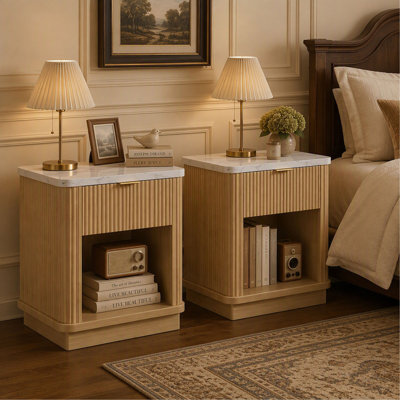 Fluted Nightstand Set of 2 with Drawer, Open Shelf and Faux Marble Top for Bedroom