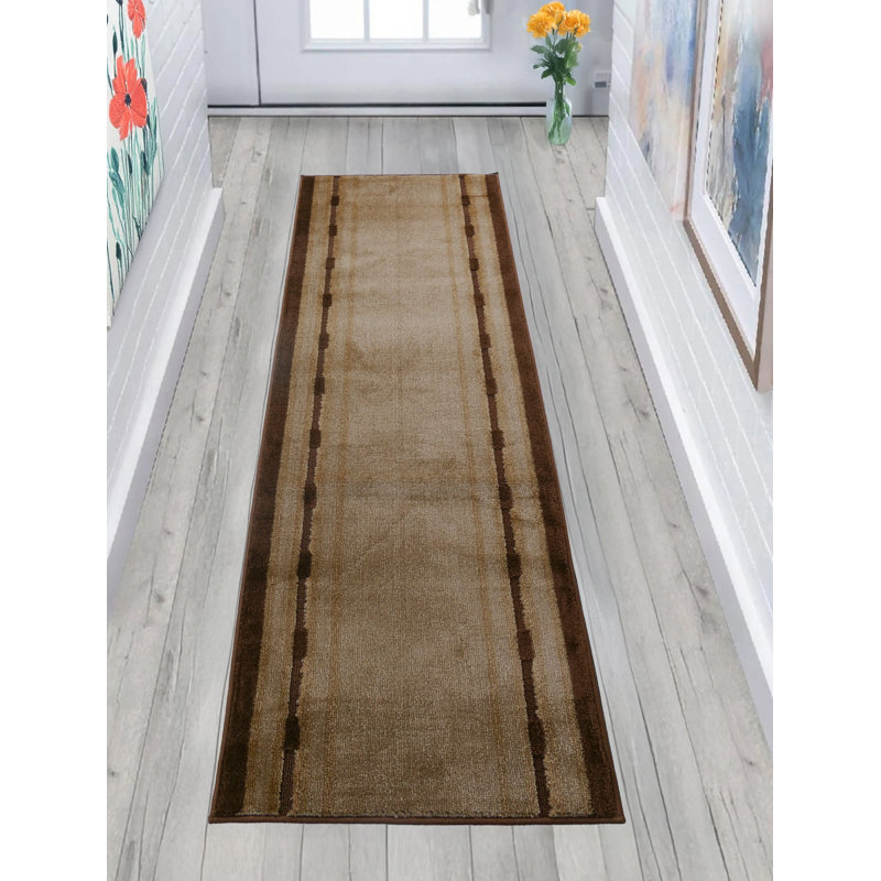 Antibacterial Soft Pile Anti Slip Indoor Runner Rug Dot Bordered Beige Design for Hallway Stairway, Runner 2'2" x 6'