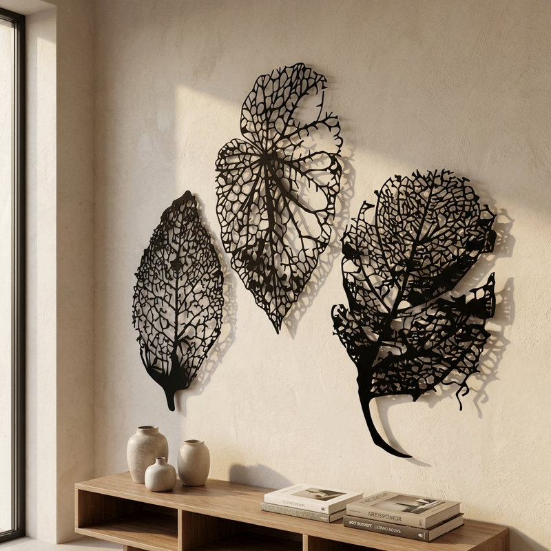 Ensemble d'art mural 3 feuilles en métal, Noir, H 37 po x l 23 po