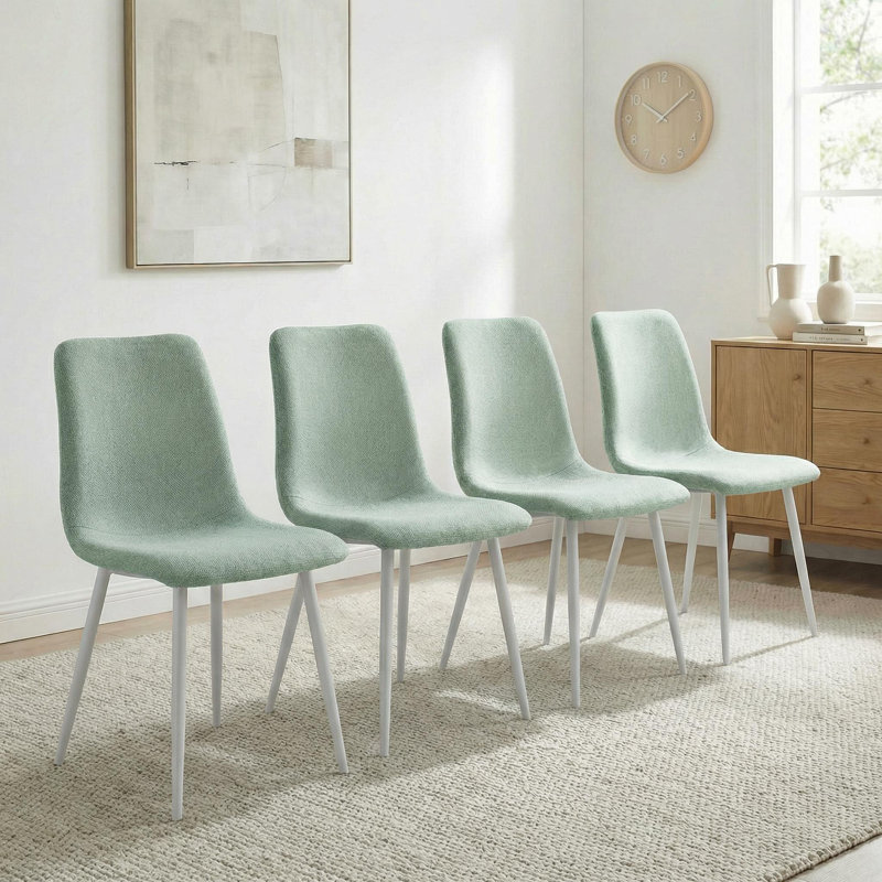 4-Piece Linen Upholstered Dining Chair Set with High Back & Metal Frame, White, Green