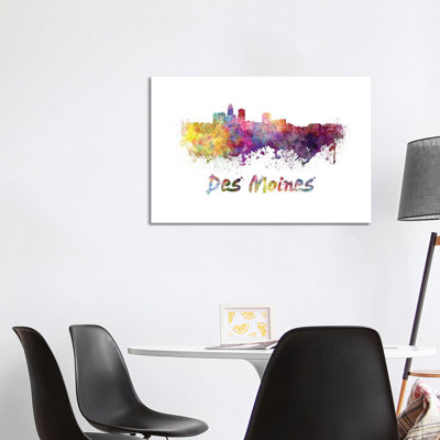 Des Moines Skyline in Watercolour 1 Piece Wrapped Canvas Painting