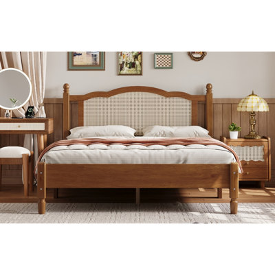 Queen Size Wooden Platform Bed With Natural Rattan Headboard, Vintage Bed Frame With Wooden Slat Support, Walnut