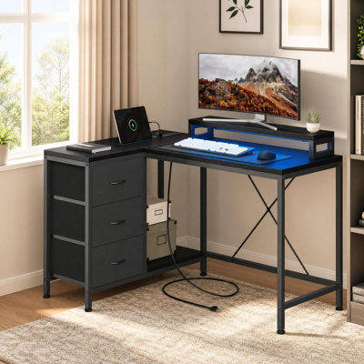 3-Drawer L-Shaped Corner Computer Desk LED Gaming Desk with Power Outlets and Monitor Stand for Home Office