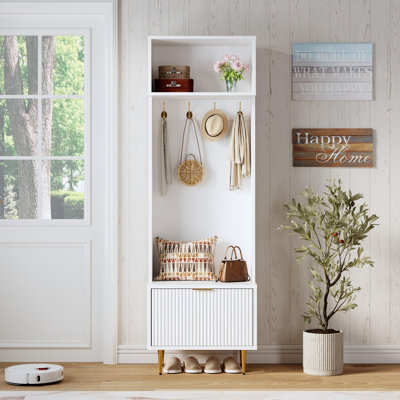 3-in-1 Entryway Bench with Shoe Storage & Coat Rack, White Foyer Organizer with 4 Gold Hooks & Gold Metal Legs, Modern Entry Table for Hallway, White