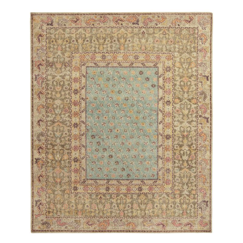 Distressed Homage Hand Knotted Wool Floral Area Rug, Rectangle 8' x 10'